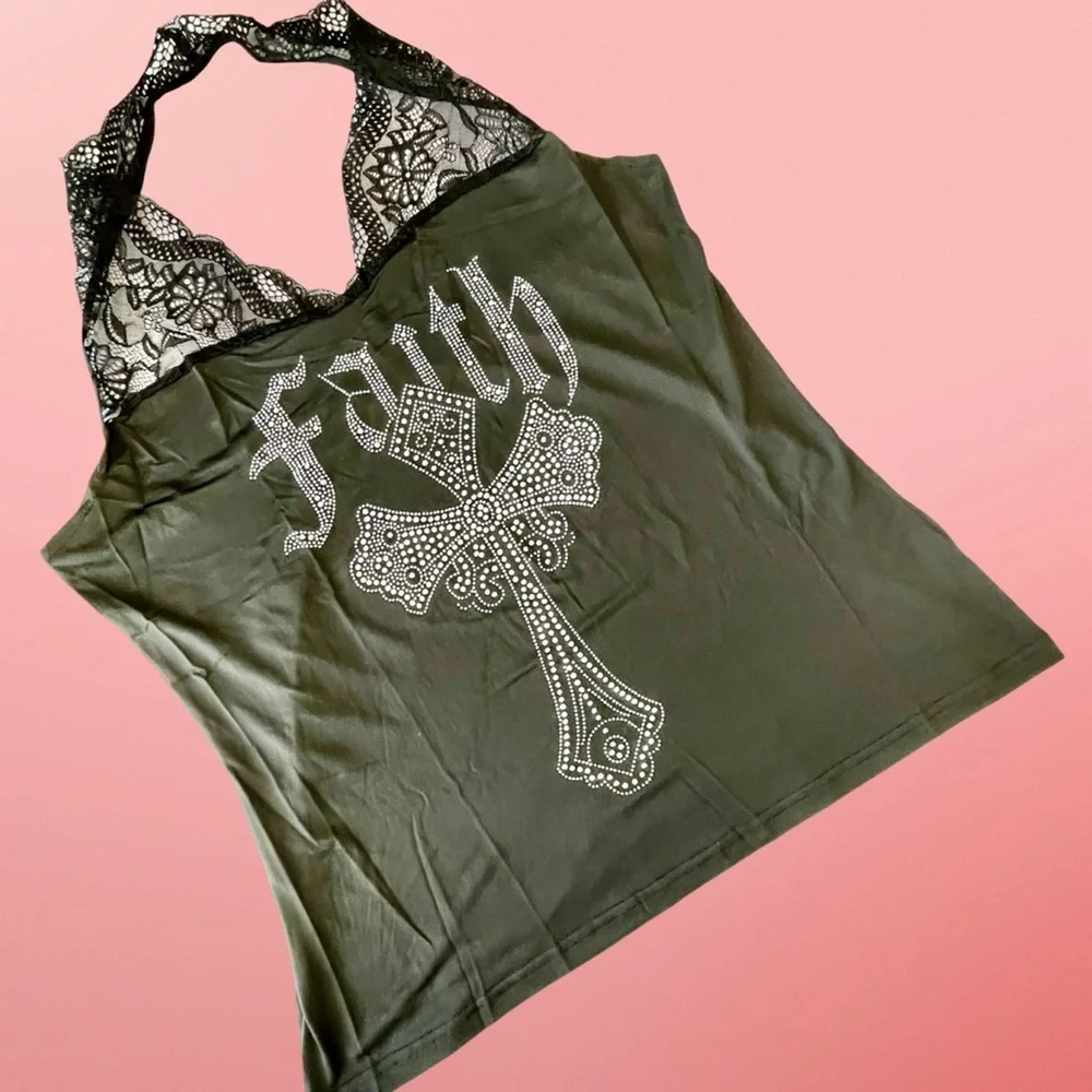 WBQ Black Stretchy Lace Halter Rhinestone Cross Gothic Sleeveless Top SzXXL - Picture 6 of 12